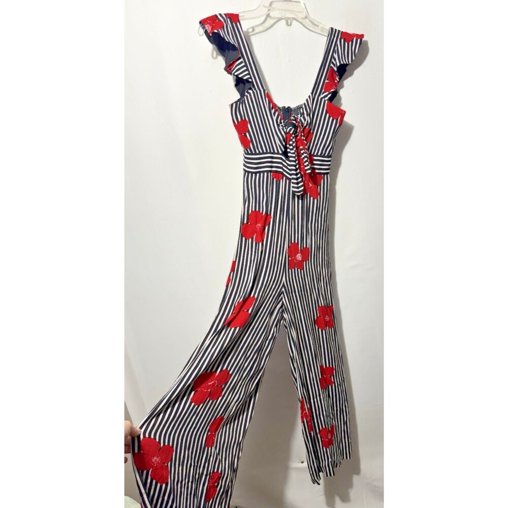 Madewell Black White Stripe Red Floral Smocked Wide Leg Jumpsuit Size 00 Boho